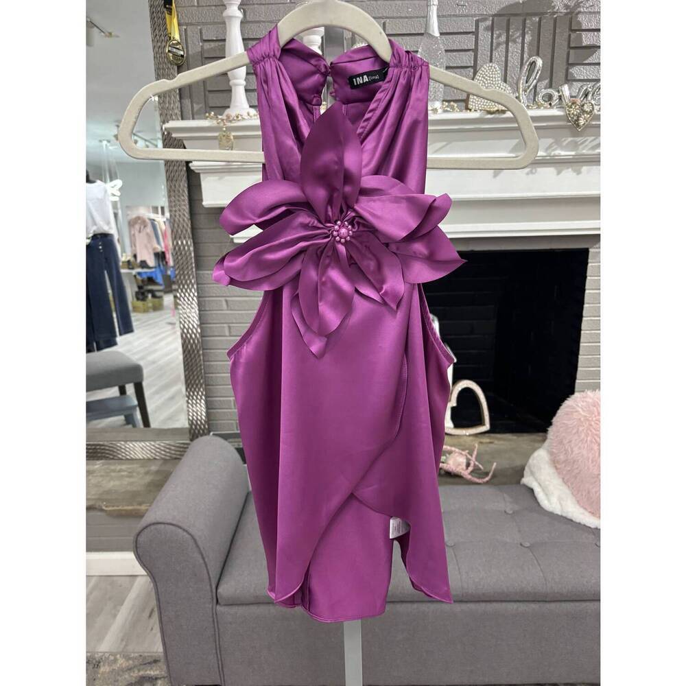 NEW INA women's satin 3d flower halter dress in neon purple